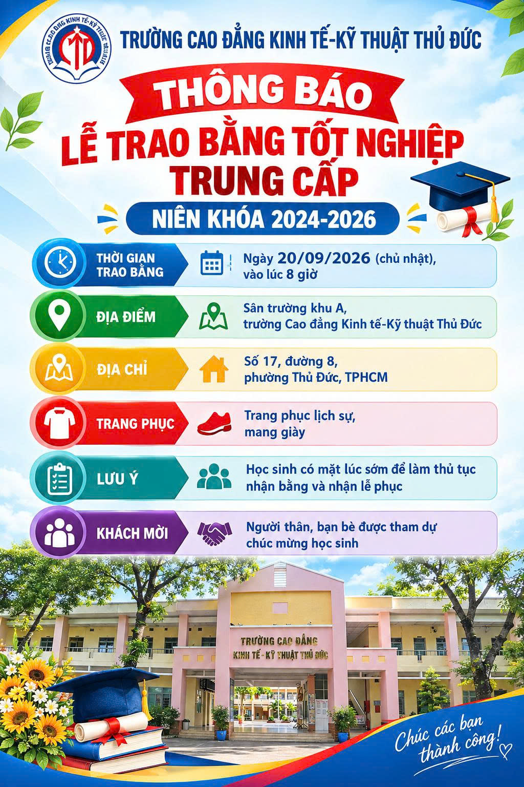 THÔNG BÁO LỄ TRAO BẰNG TỐT NGHIỆP TRUNG CẤP NIÊN KHÓA 2024-2026